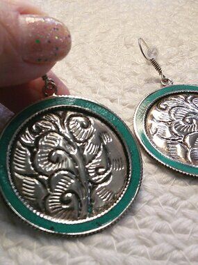 Whimsical TURQUOISE ENAMEL STAMPED Silver Disc Handmade Dangle Earrings #697E